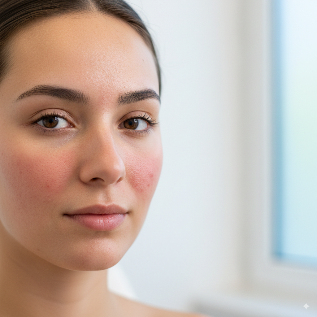 Close-up image of a woman’s face showing mild skin irritation and redness on cheeks.